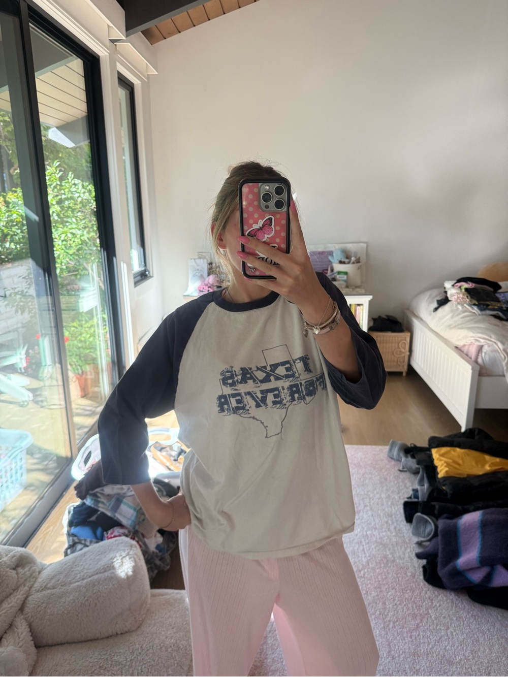 Brandy Melville White Tee with Navy Raglan Sleeves
